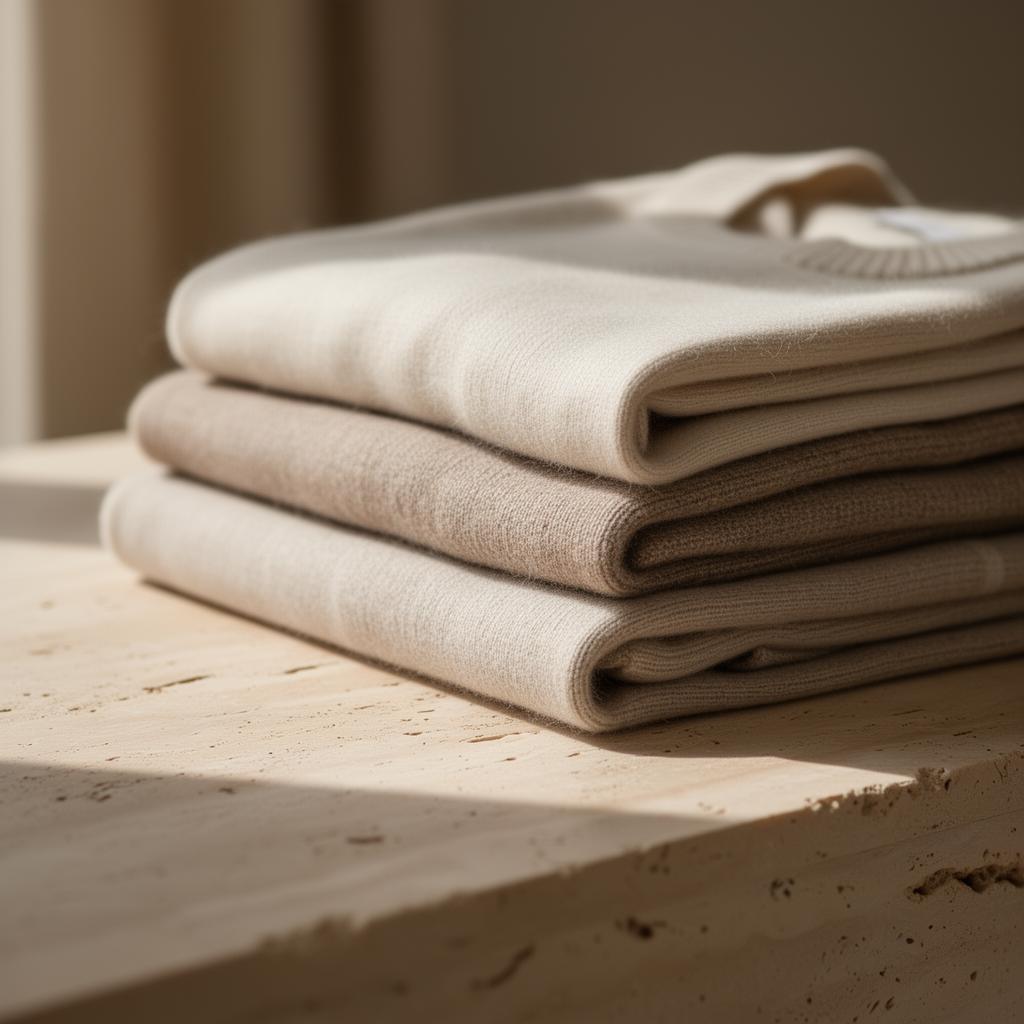 Folded cashmere and linen garments in warm light